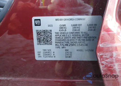 2024 Chevrolet Trax Fwd Lt z USA, uszkodzony, nr VIN KL77LHE25RC154534